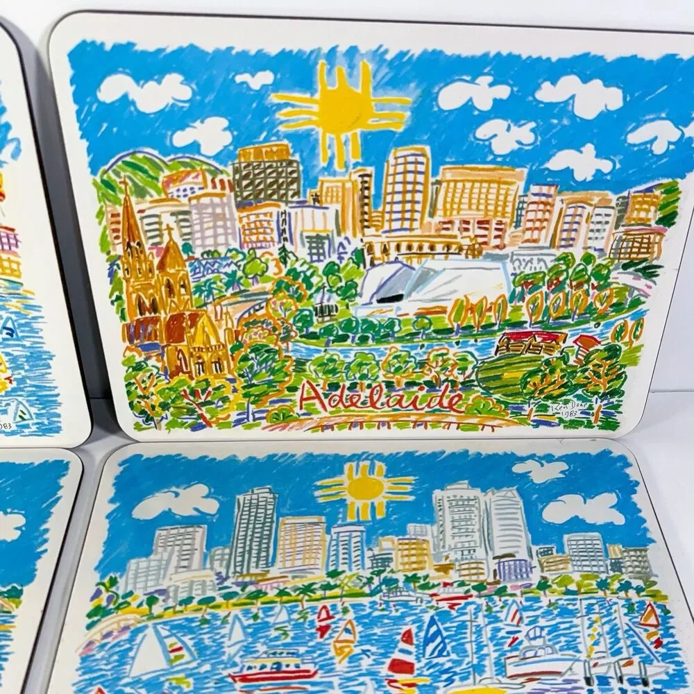 1983 Ken Done Australian City Placemats Trivets Set Sydney Melbourne Perth